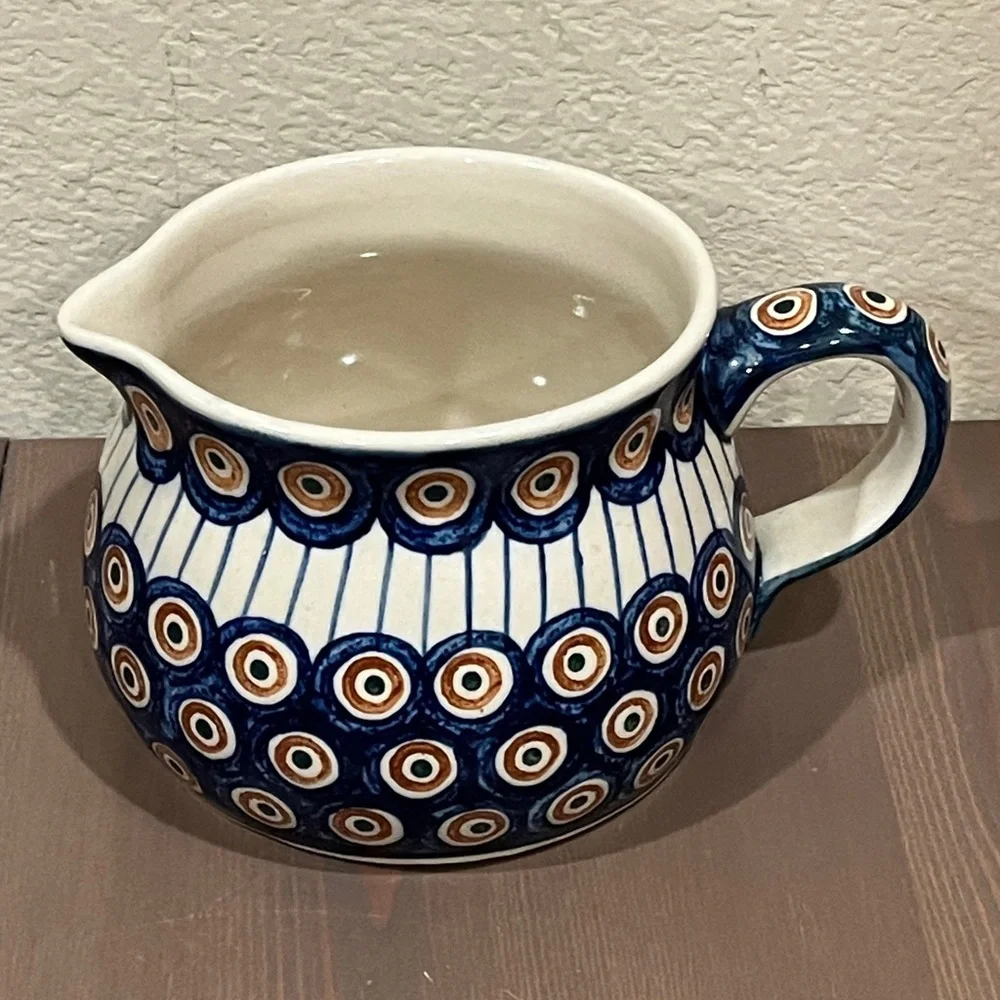 Williams Sonoma Polish Pottery Pitcher Jug Boleslawiec Ceramic Folk Art Peacock